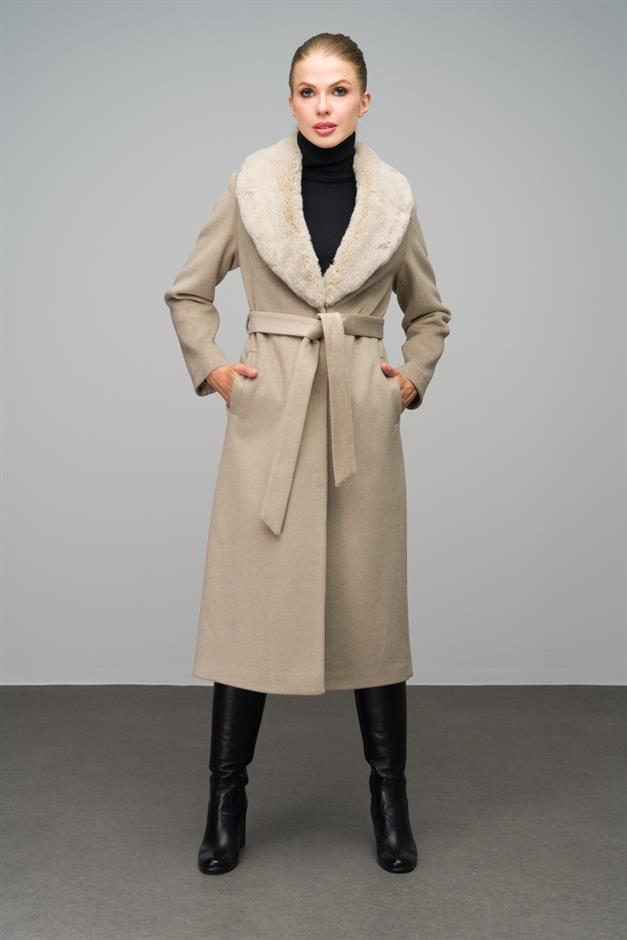Mid-Length Coat with Detachable Fur Collar and Snap Closure STONE 3066