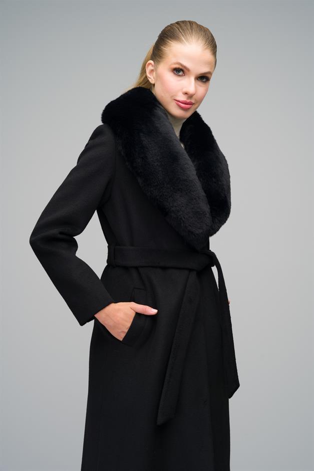 Mid-Length Coat with Detachable Fur Collar and Snap Closure BLACK 3066
