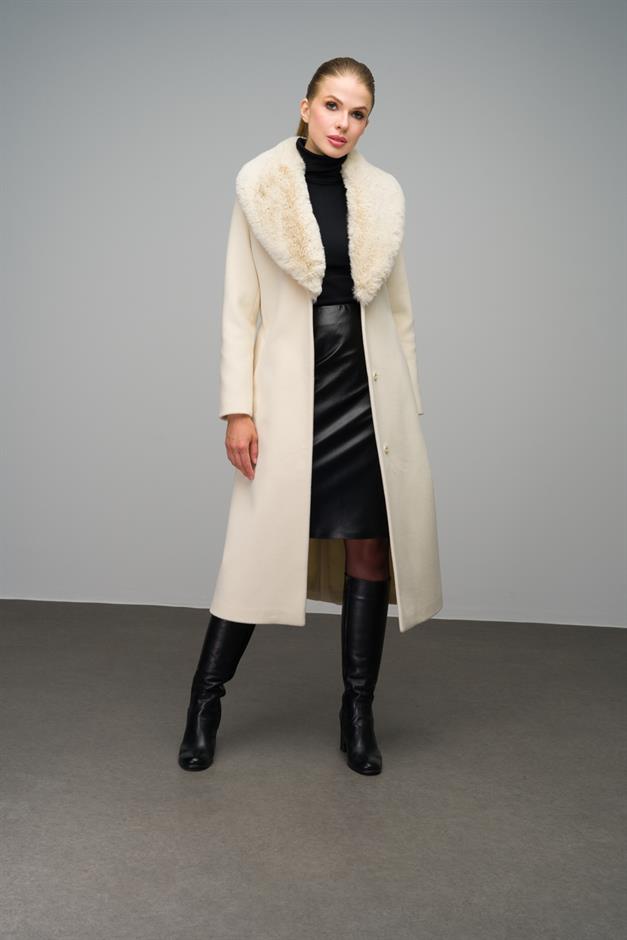 Mid-Length Coat with Detachable Fur Collar and Snap Closure IVORY 3066