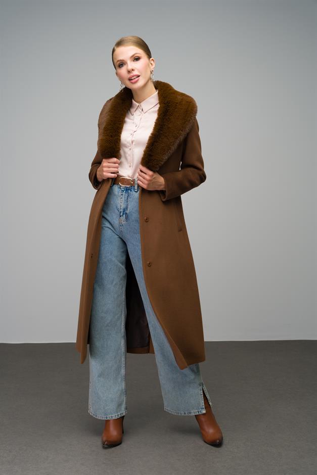 Mid-Length Coat with Detachable Fur Collar and Snap Closure TOBACCO 3066