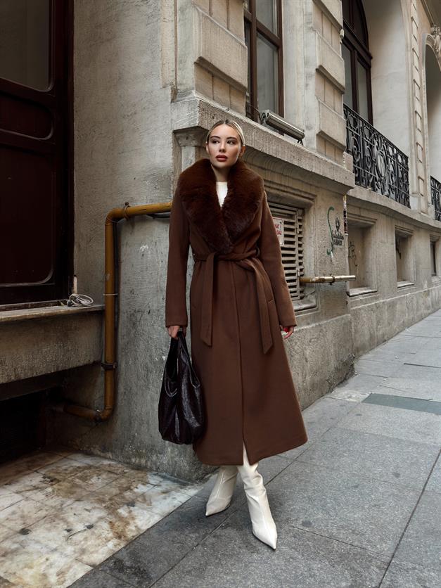 Mid-Length Coat with Detachable Fur Collar and Snap Closure TOBACCO 3066