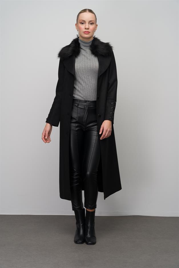 Gabardine Suede-Look Cape with Detachable Fur-Lined Leather Belt and Barette Detail BLACK 6645