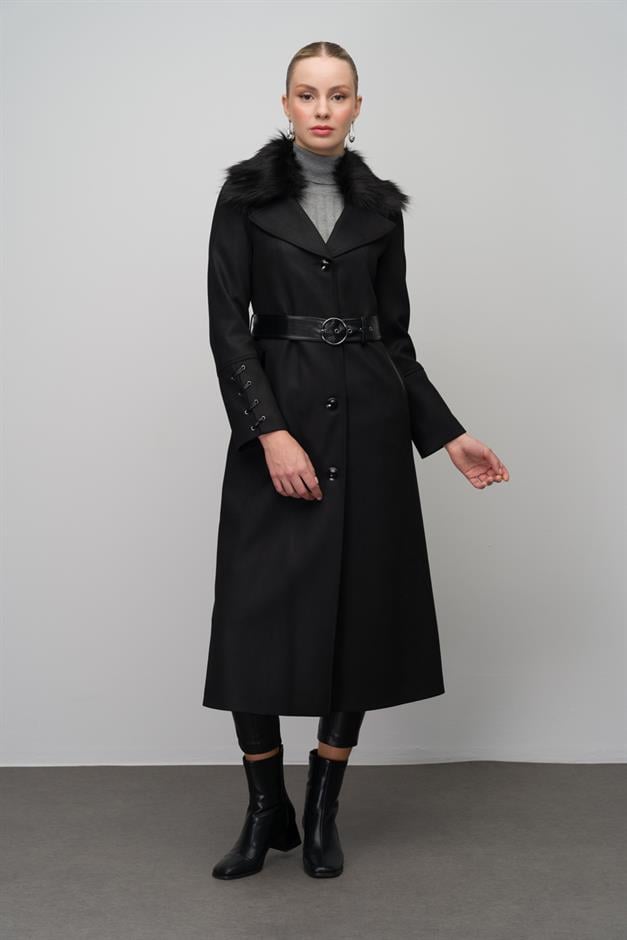 Gabardine Suede-Look Cape with Detachable Fur-Lined Leather Belt and Barette Detail BLACK 6645