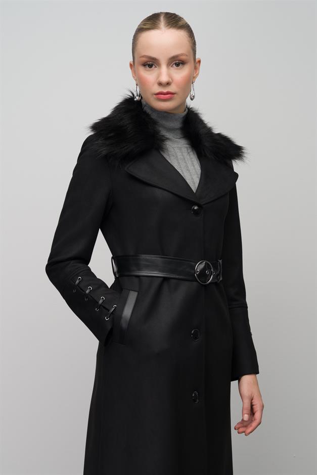 Gabardine Suede-Look Cape with Detachable Fur-Lined Leather Belt and Barette Detail BLACK 6645