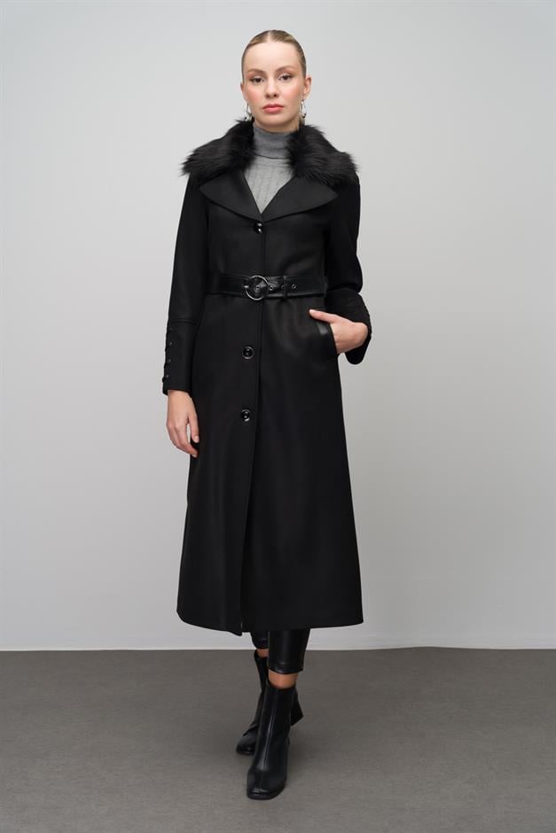 Gabardine Suede-Look Cape with Detachable Fur-Lined Leather Belt and Barette Detail BLACK 6645