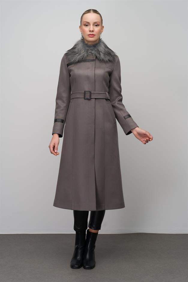 Gabardine Suede-Look Coat with Detachable Fur Collar and Embroidered Details GREY 6646
