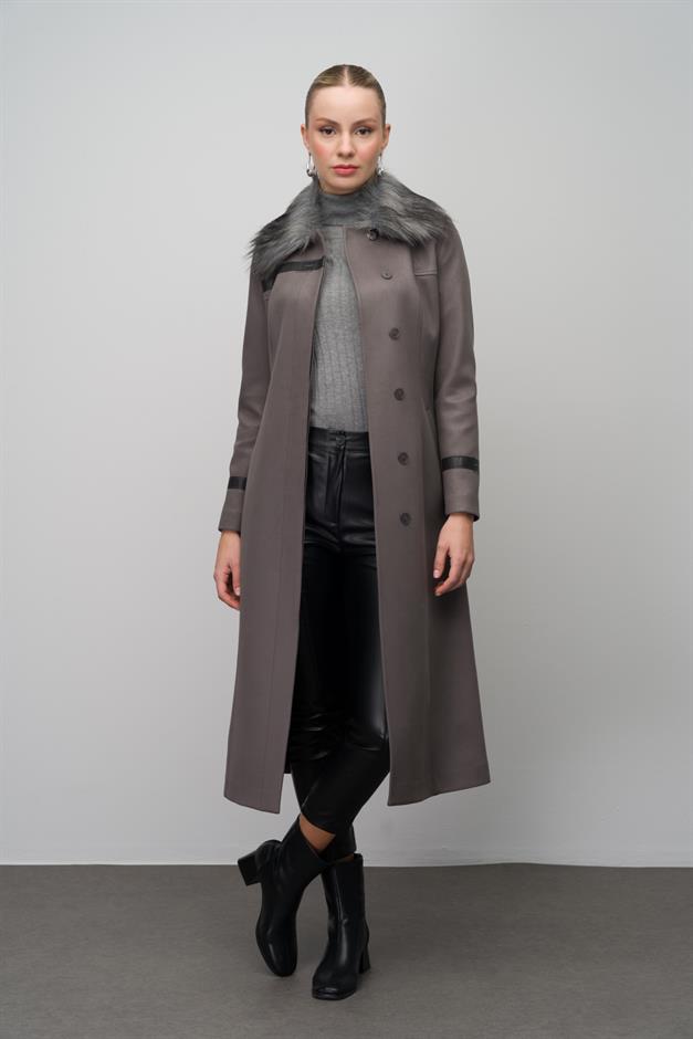Gabardine Suede-Look Coat with Detachable Fur Collar and Embroidered Details GREY 6646