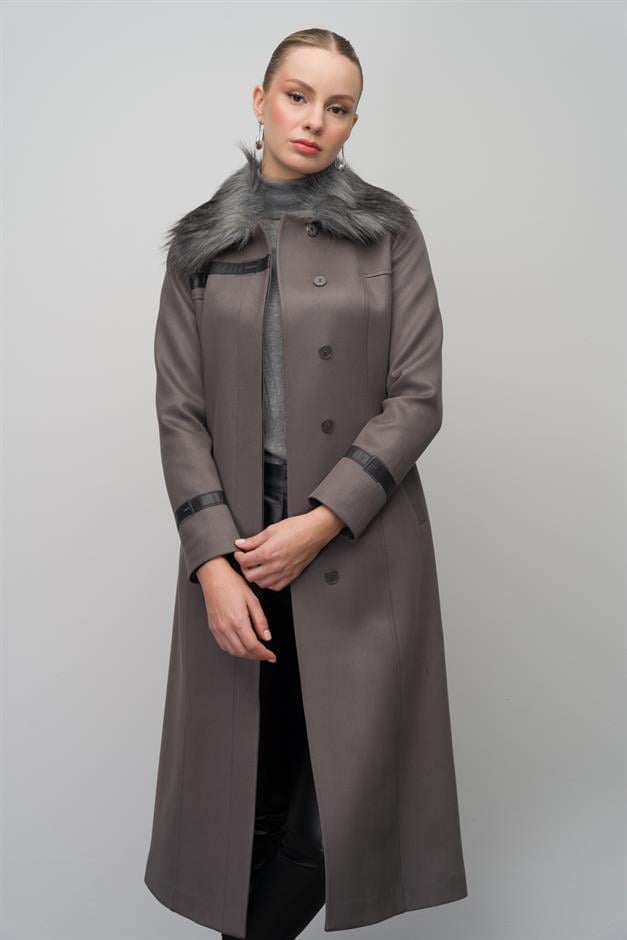 Gabardine Suede-Look Coat with Detachable Fur Collar and Embroidered Details GREY 6646