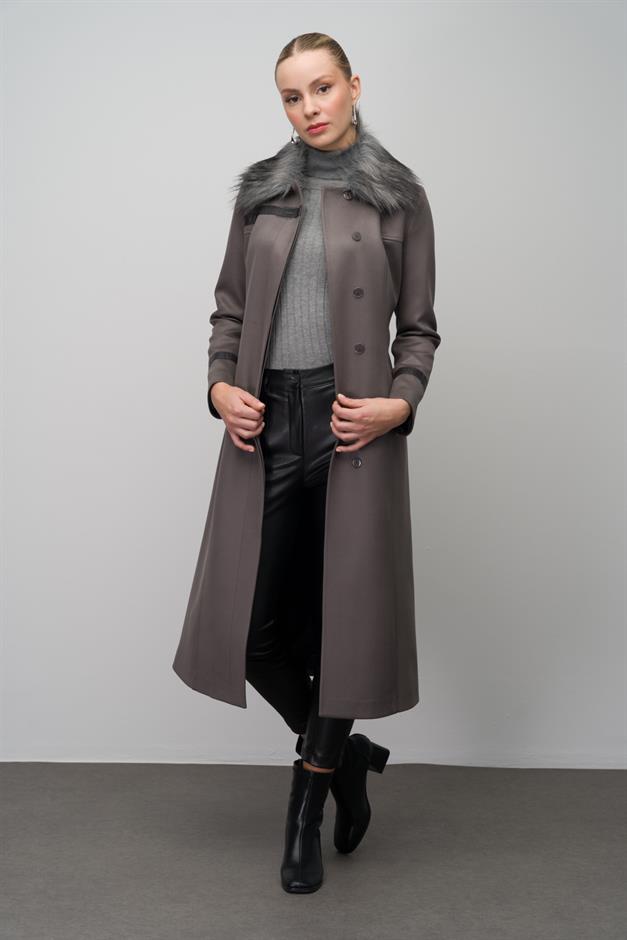 Gabardine Suede-Look Coat with Detachable Fur Collar and Embroidered Details GREY 6646