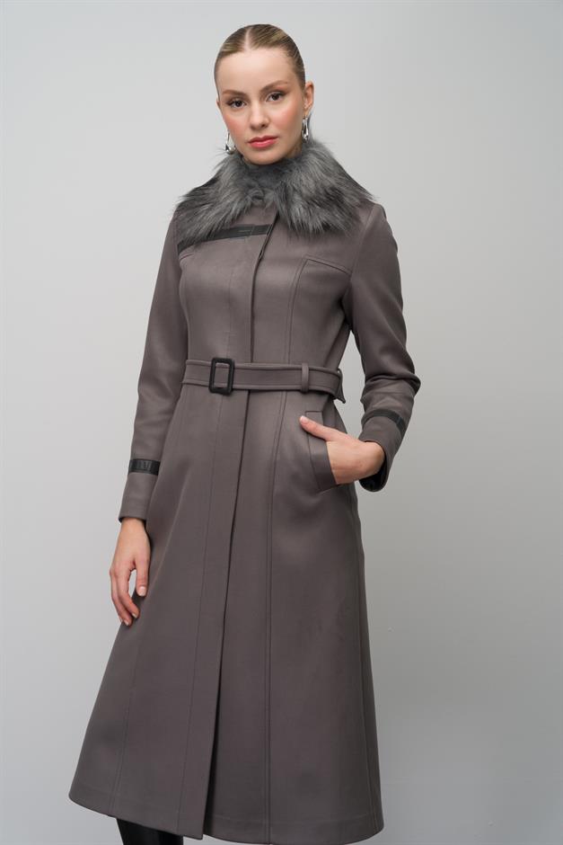 Gabardine Suede-Look Coat with Detachable Fur Collar and Embroidered Details GREY 6646