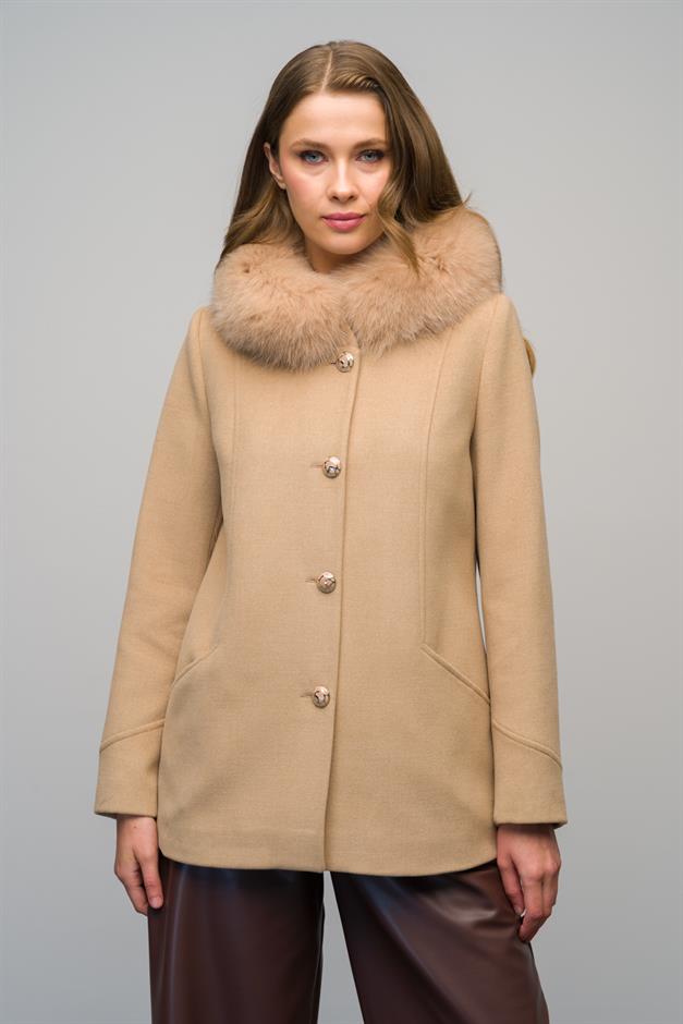 Short Cashmere Coat with Detachable Fur Collar and Button Closure BEIGE 3061-TK