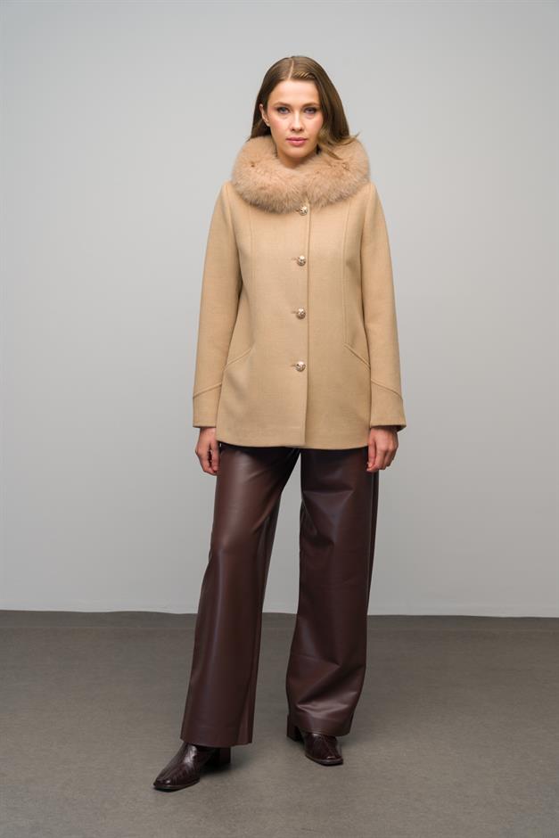 Short Cashmere Coat with Detachable Fur Collar and Button Closure BEIGE 3061-TK