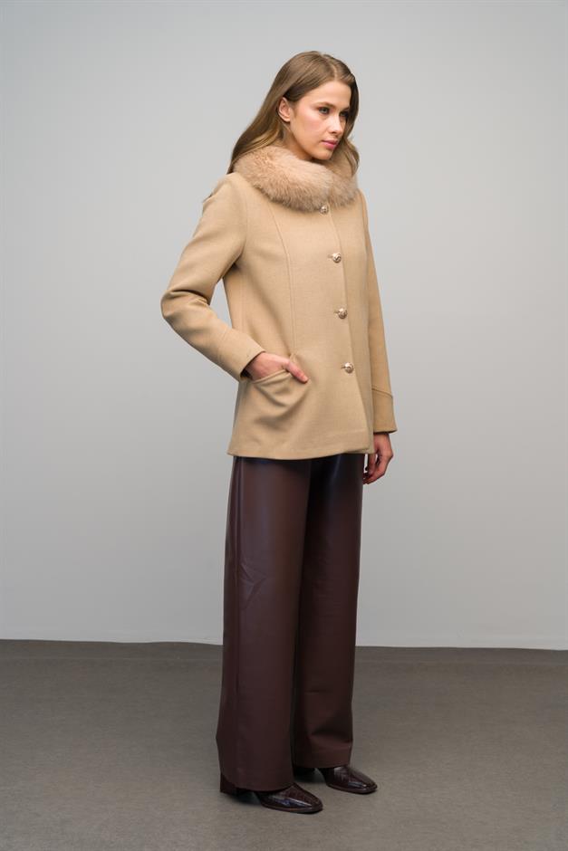 Short Cashmere Coat with Detachable Fur Collar and Button Closure BEIGE 3061-TK