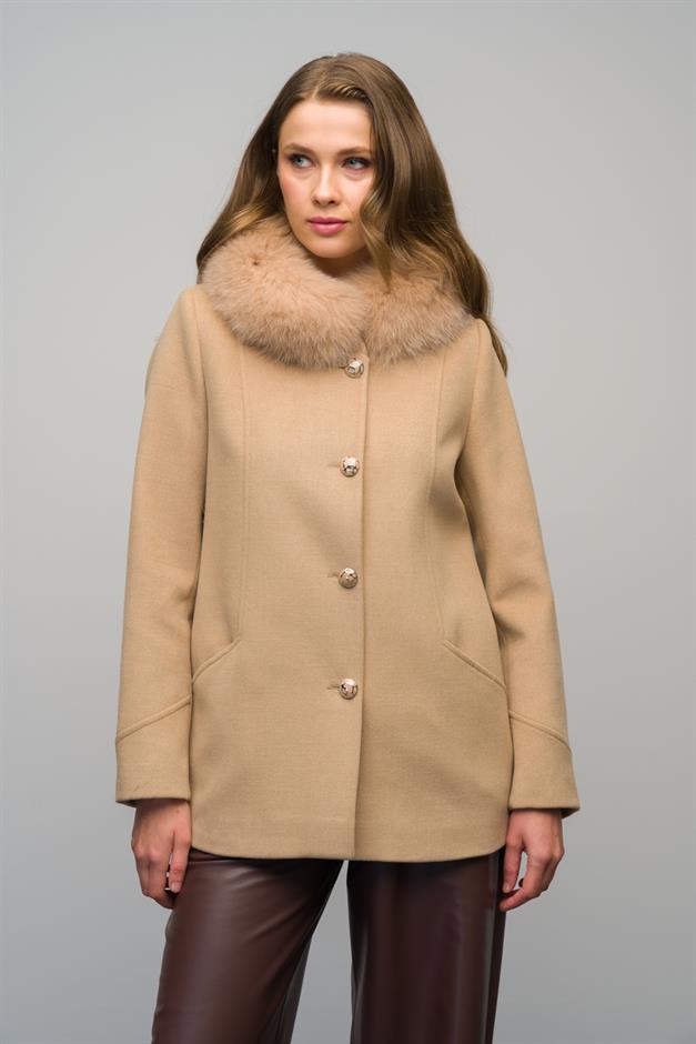Short Cashmere Coat with Detachable Fur Collar and Button Closure BEIGE 3061-TK