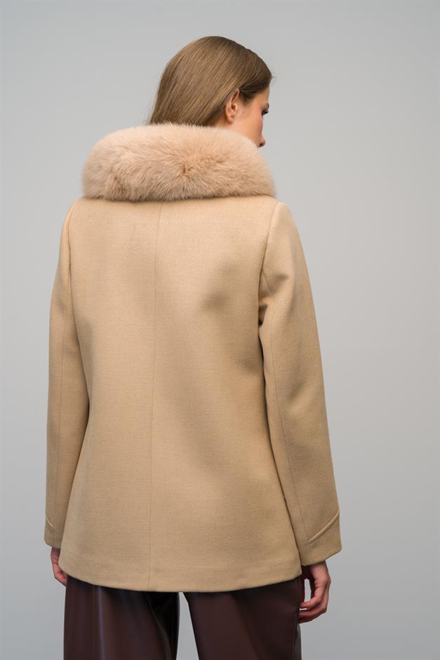 Short Cashmere Coat with Detachable Fur Collar and Button Closure BEIGE 3061-TK