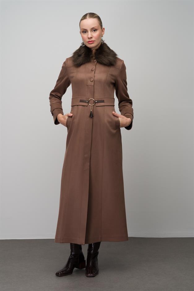 Yakası Çıkabilir Kürklü Kemer Aksesuarlı Gabardin Süet Görünümlü Pardesü A.KAHVE 6639