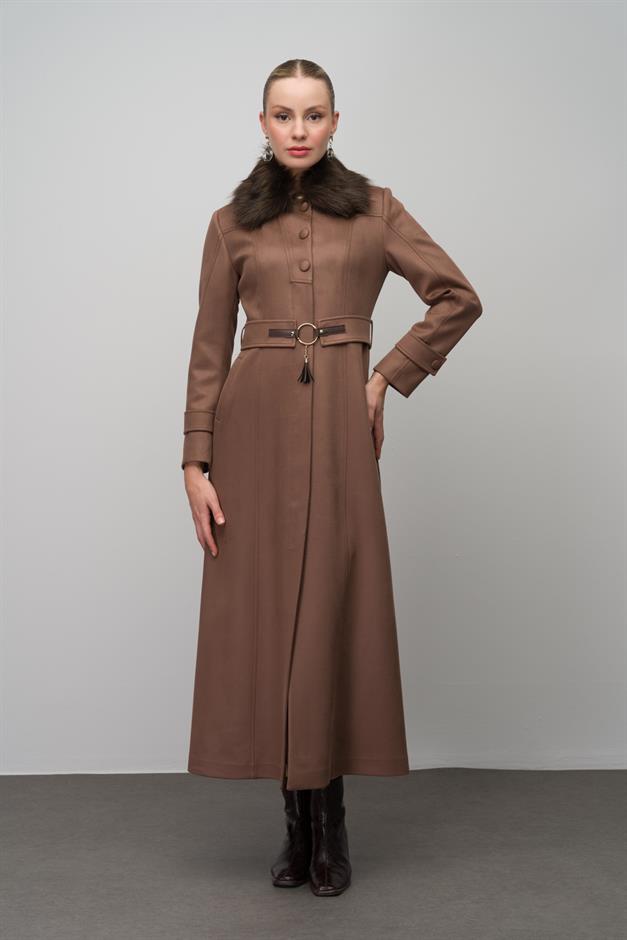 Yakası Çıkabilir Kürklü Kemer Aksesuarlı Gabardin Süet Görünümlü Pardesü A.KAHVE 6639