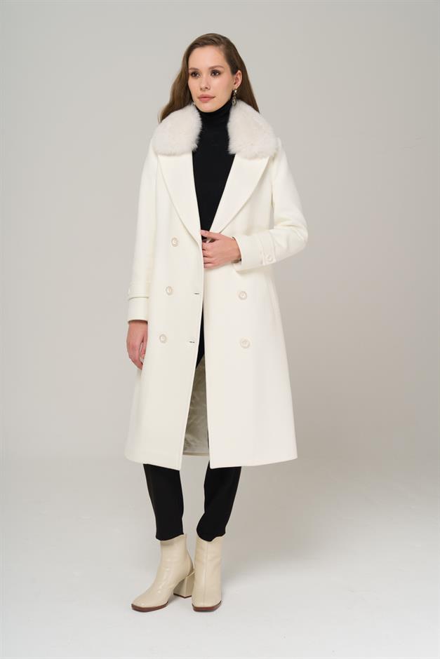 Double-breasted Mid-Length Cashmere Coat with Detachable Fur Collar IVORY 3987-TK
