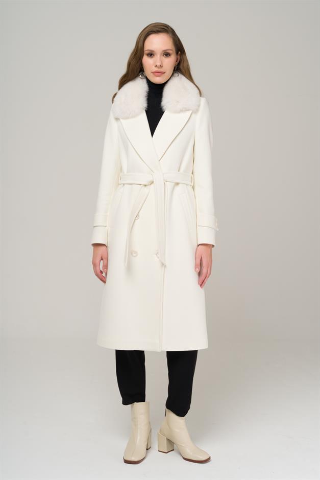 Double-breasted Mid-Length Cashmere Coat with Detachable Fur Collar IVORY 3987-TK