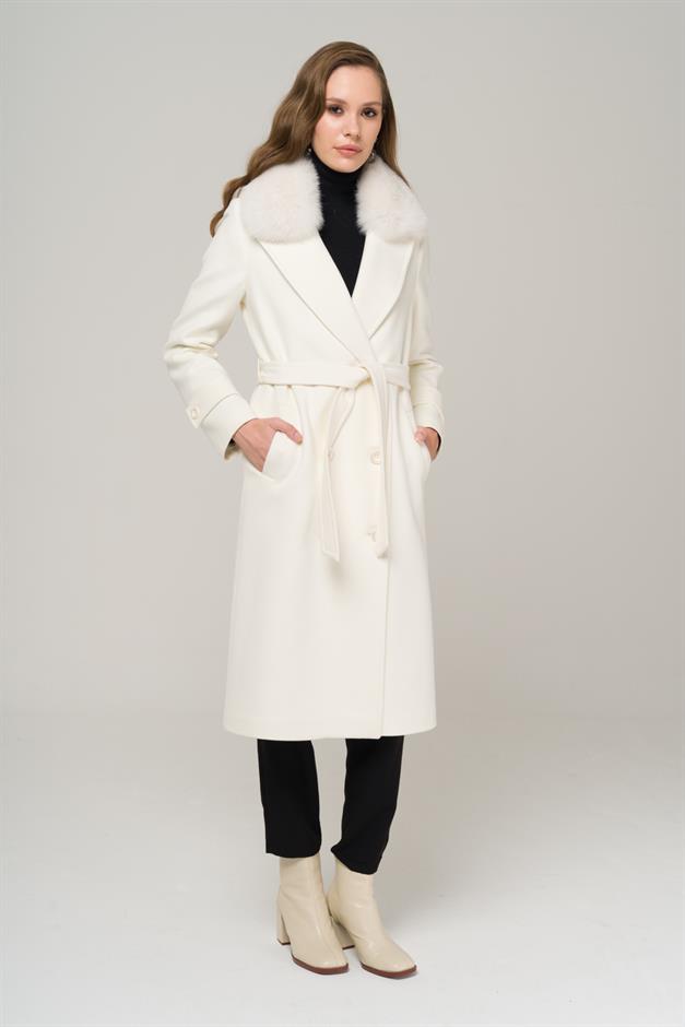 Double-breasted Mid-Length Cashmere Coat with Detachable Fur Collar IVORY 3987-TK