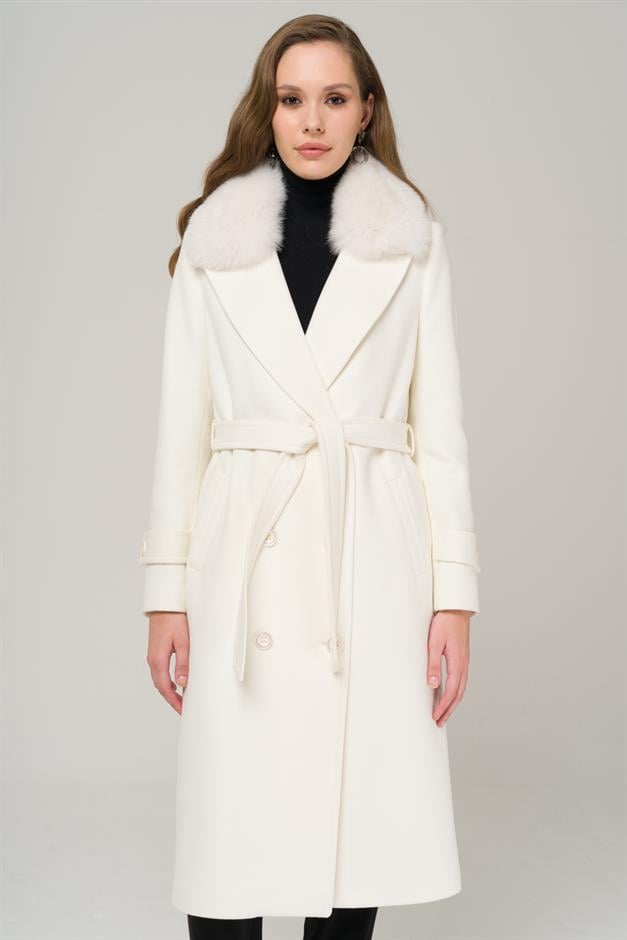 Double-breasted Mid-Length Cashmere Coat with Detachable Fur Collar IVORY 3987-TK