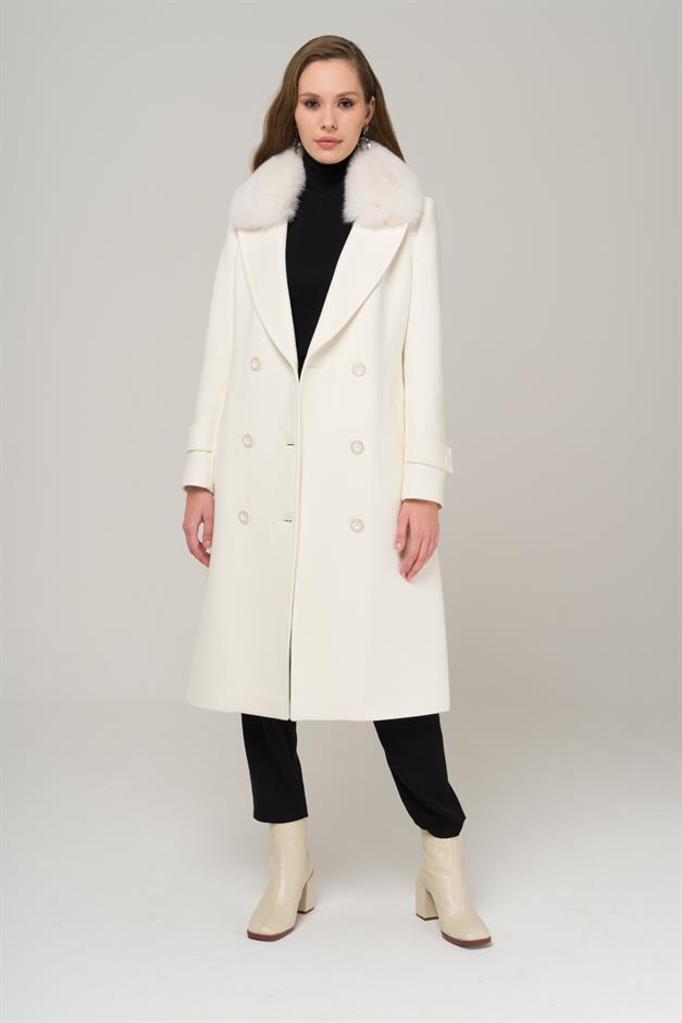 Double-breasted Mid-Length Cashmere Coat with Detachable Fur Collar IVORY 3987-TK
