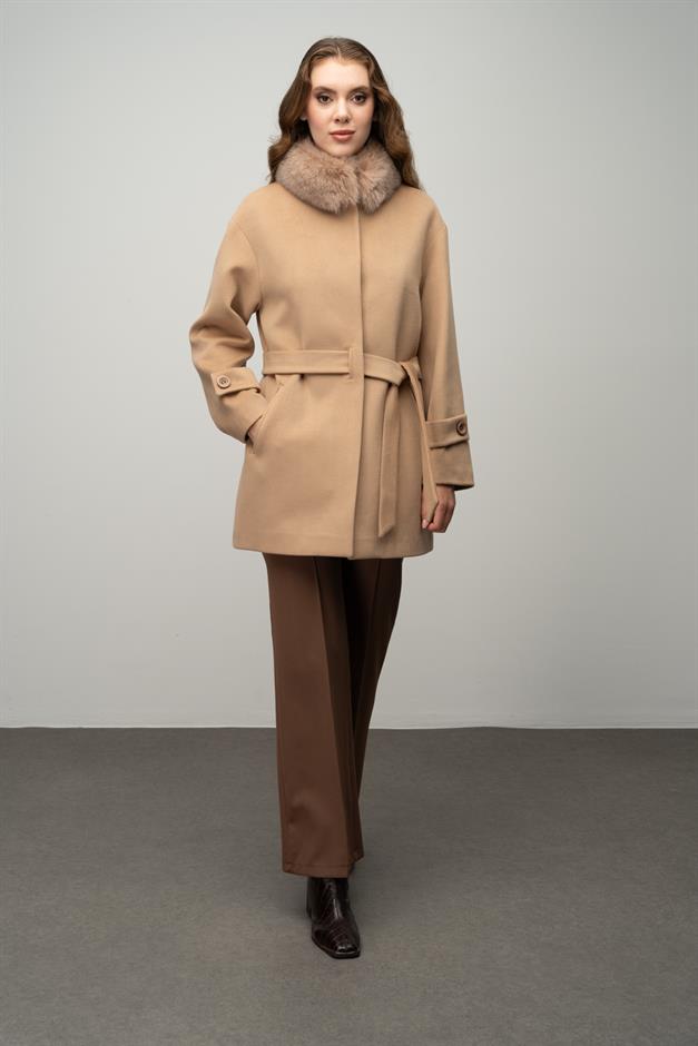 Oversize Short Cashmere Coat with Detachable Fur Collar BISCUIT 3051-TK