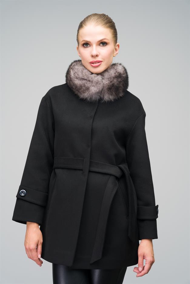 Oversize Short Cashmere Coat with Detachable Fur Collar BLACK 3051-TK