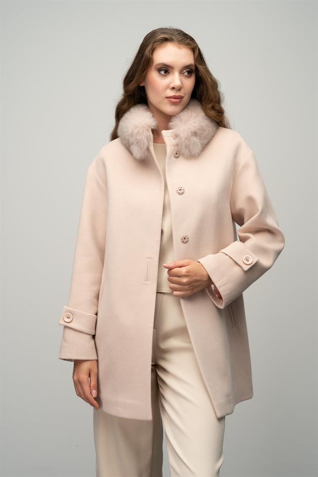 Oversize Short Cashmere Coat with Detachable Fur Collar A. POWDER 3051-TK