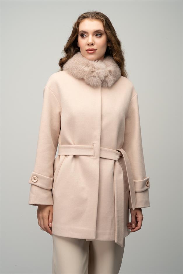 Oversize Short Cashmere Coat with Detachable Fur Collar A. POWDER 3051-TK