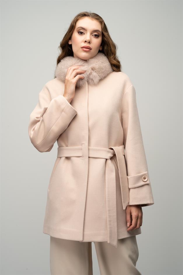 Oversize Short Cashmere Coat with Detachable Fur Collar A. POWDER 3051-TK
