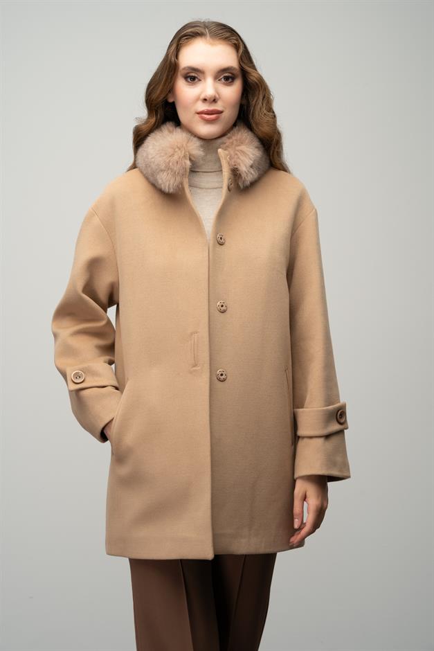 Oversize Short Cashmere Coat with Detachable Fur Collar BISCUIT 3051-TK