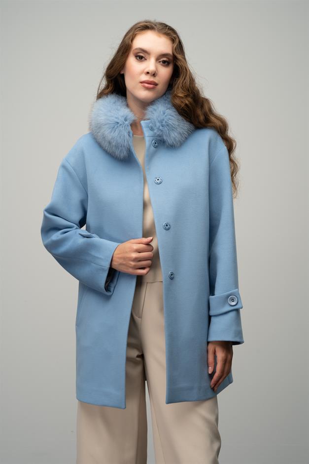 Oversize Short Cashmere Coat with Detachable Fur Collar BLUE 3051-TK