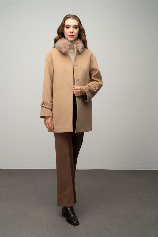 Oversize Short Cashmere Coat with Detachable Fur Collar BISCUIT 3051-TK
