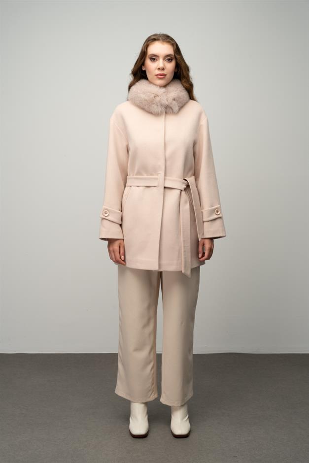 Oversize Short Cashmere Coat with Detachable Fur Collar A. POWDER 3051-TK