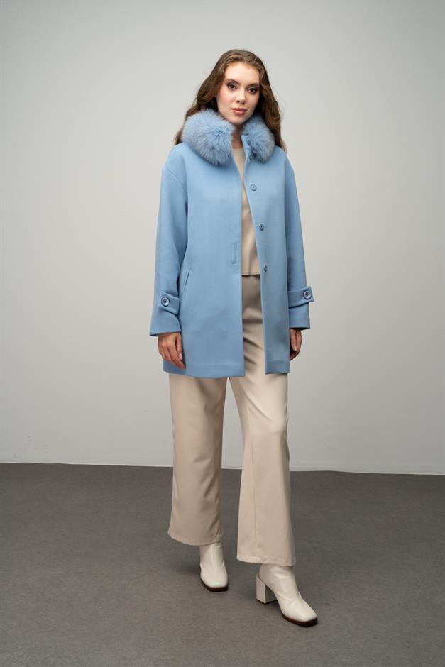 Oversize Short Cashmere Coat with Detachable Fur Collar BLUE 3051-TK