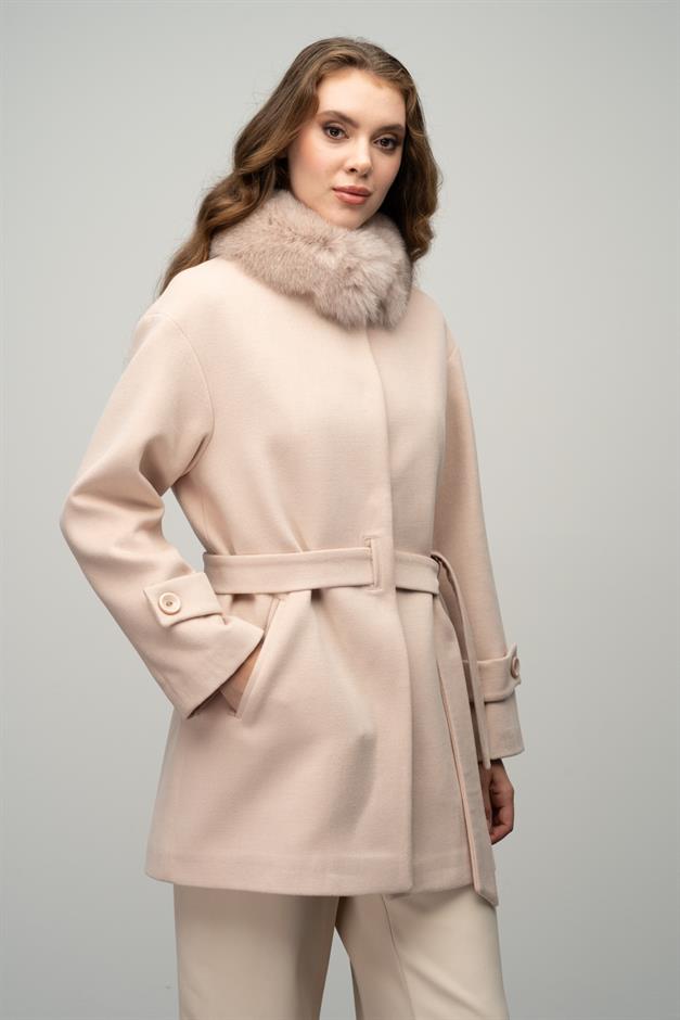 Oversize Short Cashmere Coat with Detachable Fur Collar A. POWDER 3051-TK