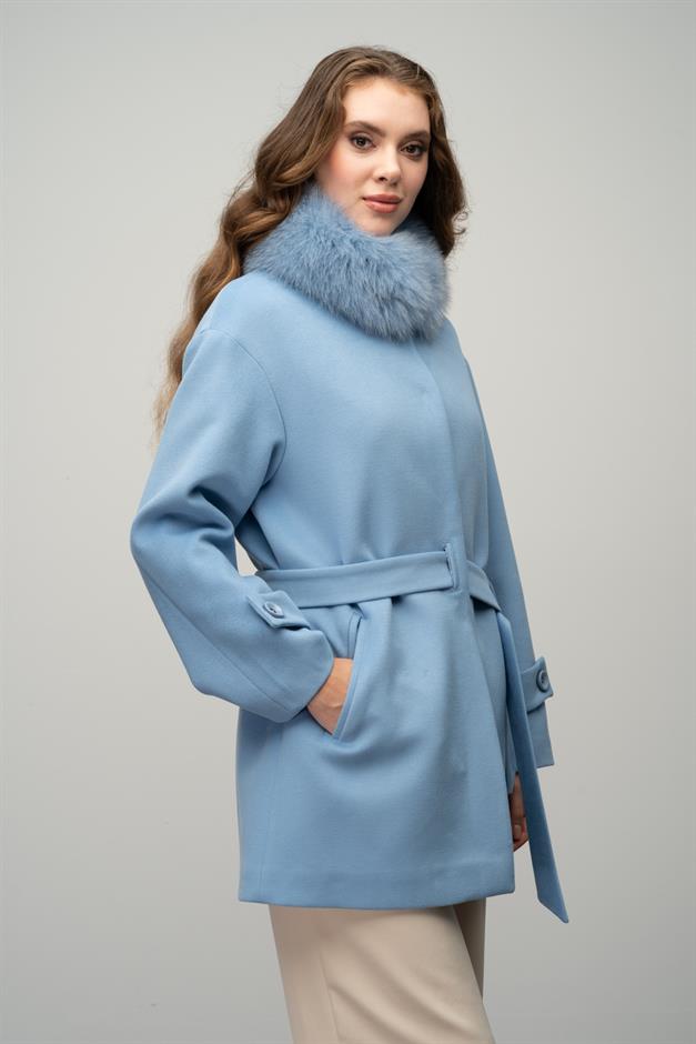 Oversize Short Cashmere Coat with Detachable Fur Collar BLUE 3051-TK