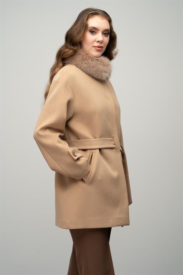Oversize Short Cashmere Coat with Detachable Fur Collar BISCUIT 3051-TK