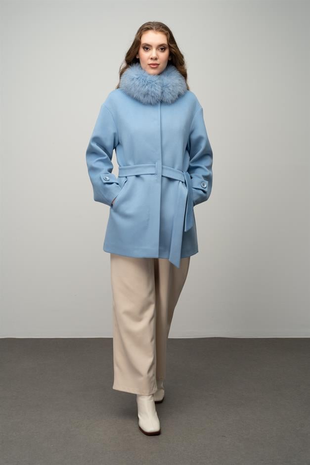 Oversize Short Cashmere Coat with Detachable Fur Collar BLUE 3051-TK
