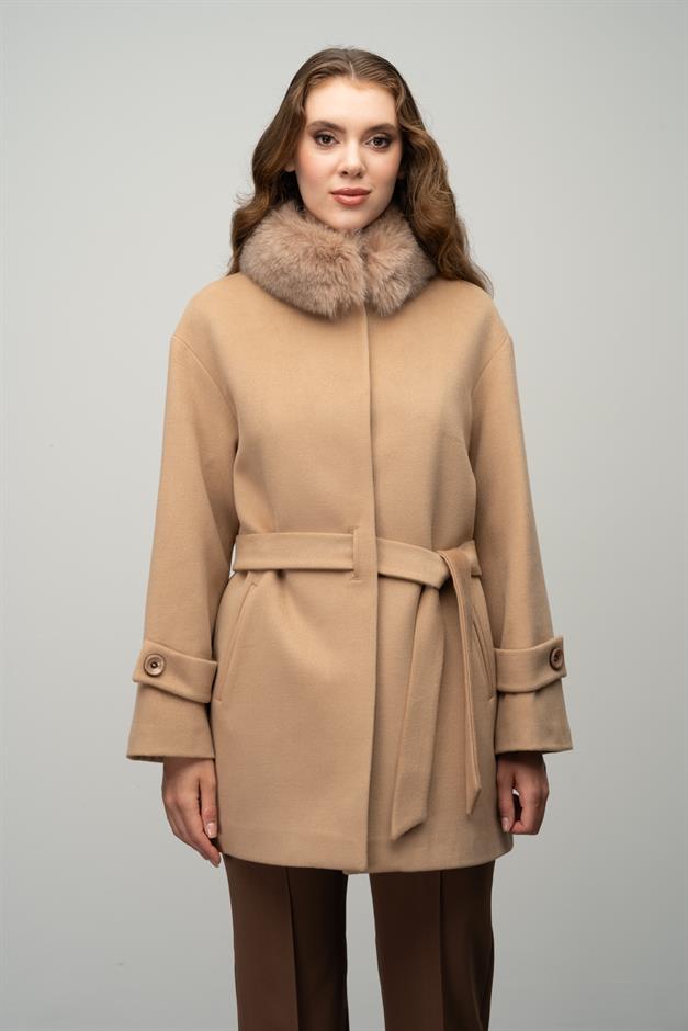 Oversize Short Cashmere Coat with Detachable Fur Collar BISCUIT 3051-TK