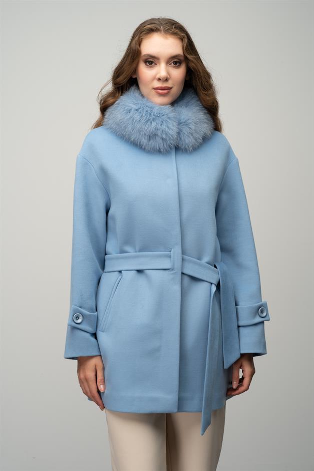 Oversize Short Cashmere Coat with Detachable Fur Collar BLUE 3051-TK