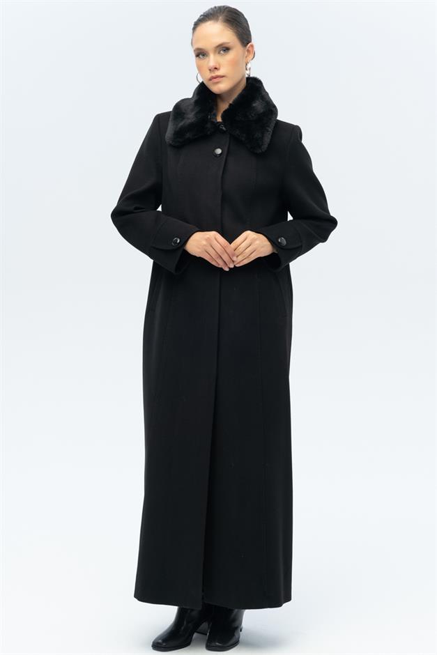 Large Size Coat with Detachable Fur Collar and Point Detail BLACK 3143
