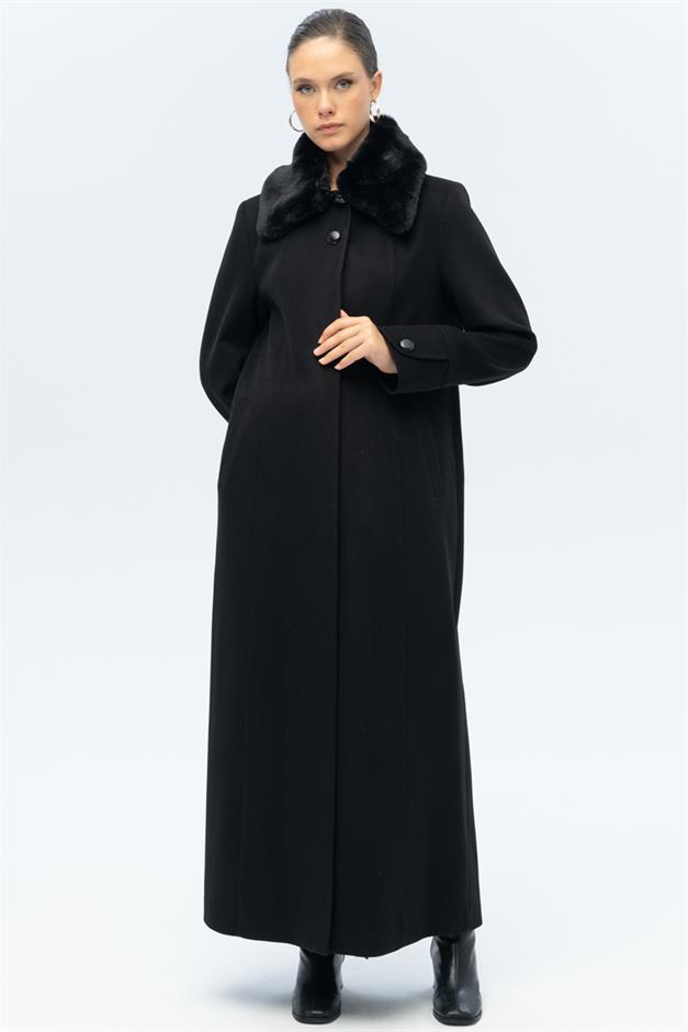 Large Size Coat with Detachable Fur Collar and Point Detail BLACK 3143