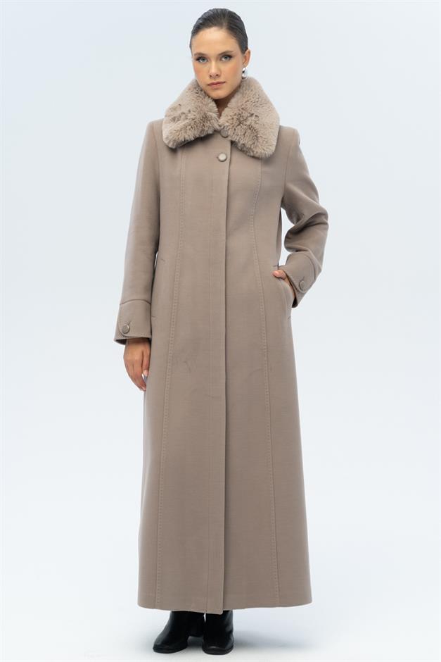 Large Size Coat with Detachable Fur Collar and Point Detail VIZON 3143