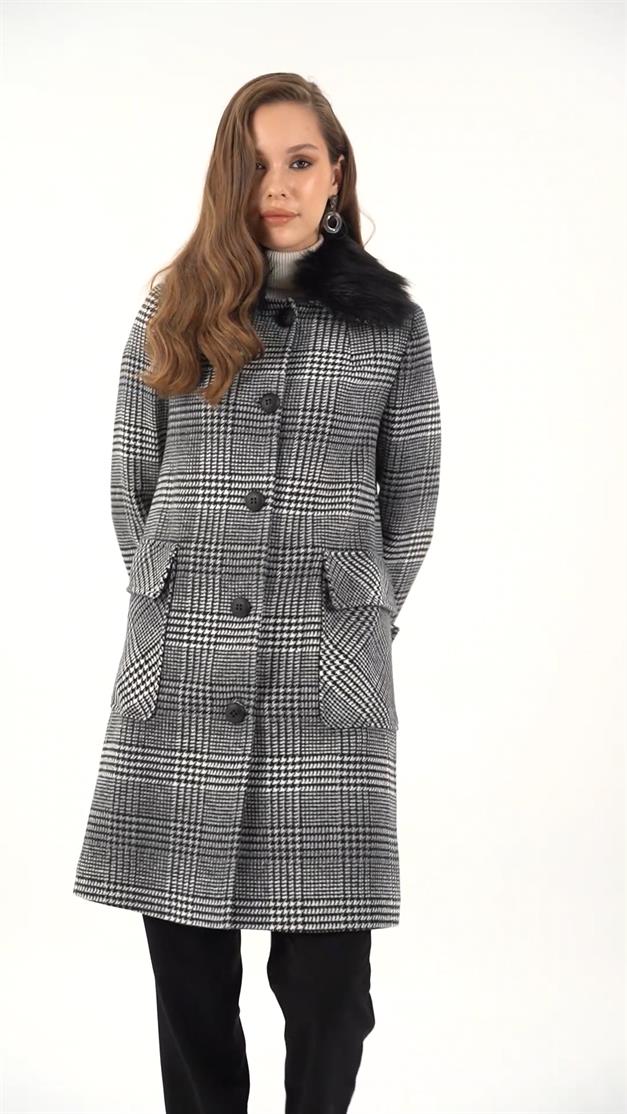 Plaid Coat with Detachable Fur Collar and Pocket BLACK 3979