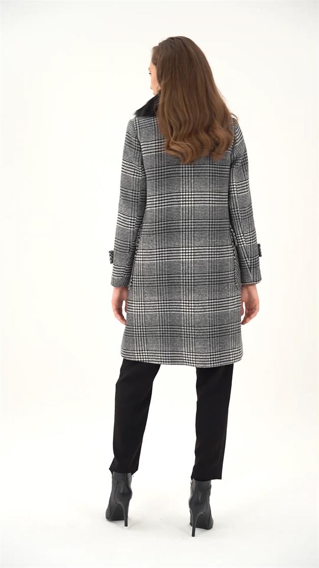 Plaid Coat with Detachable Fur Collar and Pocket BLACK 3979