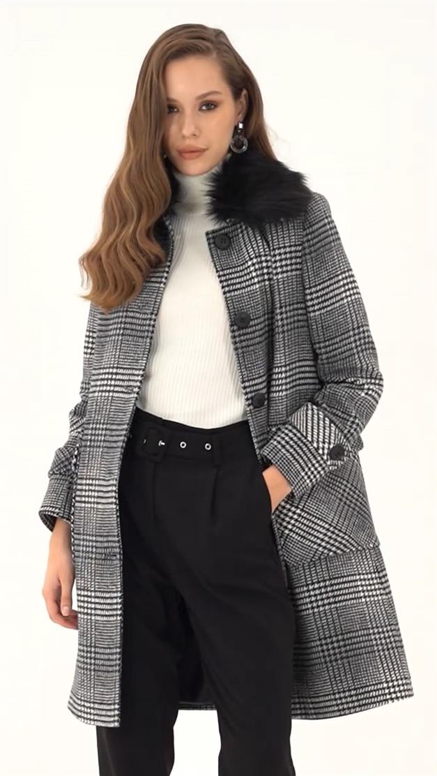 Plaid Coat with Detachable Fur Collar and Pocket BLACK 3979