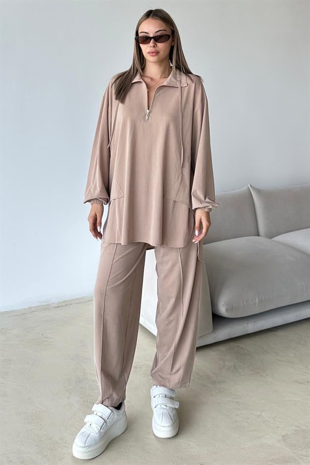 طقم تونيك وبنطلون من قماش محبوك فاخر مع تفاصيل سحاب على الياقة كامل 9375-TK