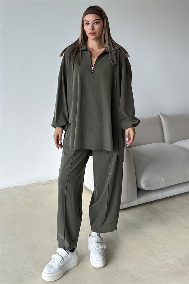 Premium Knitted Fabric Tunic Trouser Set with Zipper Detail on the Collar DRAB 9375-TK